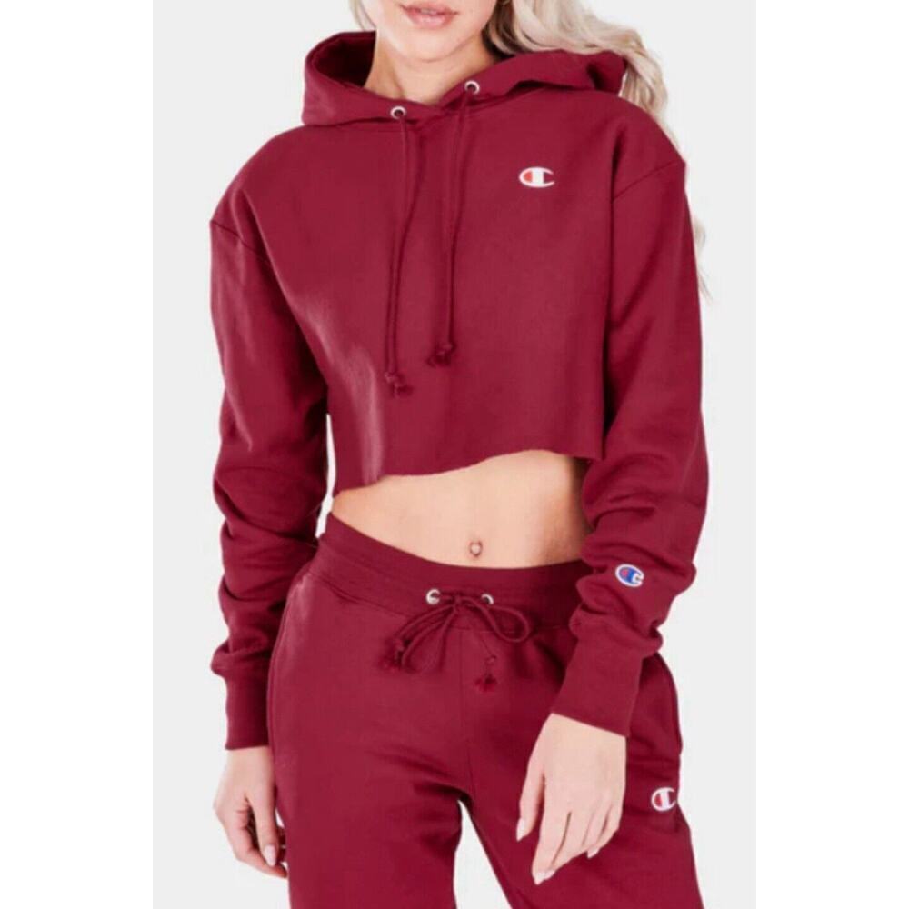 Champion Cropped Sweatshirt Sz S Hooded Womens Red Wine Reverse Weave